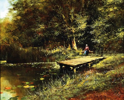 Pablo E. Winterherbst, geb. 1939, "Am Waldweiher", verso auf altem Etikett bez., rechts unten signiert, Öl/Lwd, Rahmen 54x66 cm