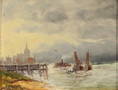 Prof. Hugo Görz, wohl Düsseldorfer Malschule um 1900, Marinemotiv, Dampfer und Fischerboote vor der Anlegestelle, bewegte Seeund Wolkenformationen, ...