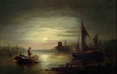 Düsseldorfer Malschule, Mitte 20. Jh., Hafenansicht im Mondlicht, Öl/Karton, unsigniert, im Vordergrund zwei Männer in einem Ruderboot, seitlich ...