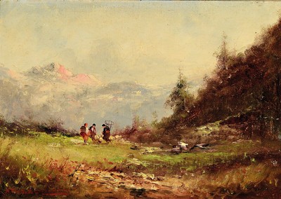 Athos Renzo Brioschi, Italien, 1910-2000, Alpenlandschaft mit drei bäuerlichen Staffagefiguren, Alpenglühen, links unten signiert, Öl/Karton, ...