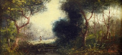 Ungedeuteter Künstler um 1900, Waldlandschaft mit Blick auf eine Lichtung und Repoussoir, rechts unten signiert Lopez oder Lorenz o.ä., Öl/Lwd, ...