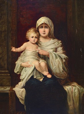 Unbekannter Künstler um 1900, nach William Adolphe Bouguereau (1825-1905), Madonna mit Jesuskind, vor klassizistischer Architektur, typ. ...