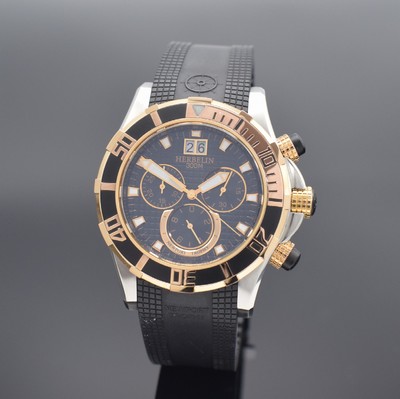 MICHEL HERBELIN Armbandchronograph Newport Trophy Referenz 36690, Schweiz um 2015, z. T. verg. Edelstahlgeh. inkl. orig. Kautschukband m. dopp. ...