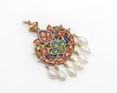 Anhänger mit Diamanten und Email, GG 22 kt, Indien, 1 Seite mit reichem Diam.-Rosen- Besatz, 1 Seite grün, blau und rot emaill., ...