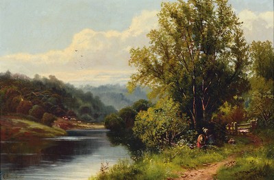 C. Hawthorne, Maler der englischen Schule, dat. 1883, Flußlandschaft mit gärtnernden Menschen am Ufer, Öl/Lwd, links unten sign. und dat., ca. ...