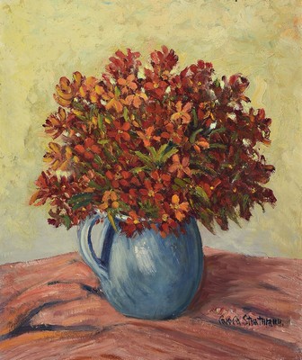 Carola Stratmann, 1881 Hamburg-1950 München,Stillleben mit Blumen im blauen Krug, Öl/ Hartfaser, rechts unten signiert, ca. 60x50cm, R. ca. 74x64cm