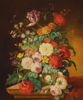 Oskar Robert Dogarth, 1898-1961 Wien, Üppiges Blumenstillleben im alt flämischen Stil, Öl/Hartfaser, rechts unten signiert, ca. 60x50cm, R. ca. ...