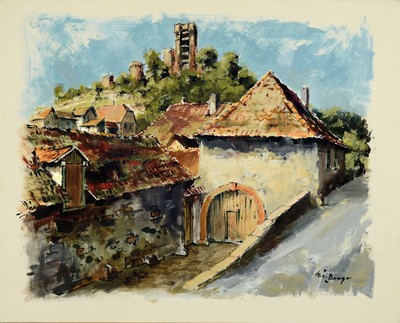 Heiner Deege, 1920-2007 Haßloch, Blick auf Wachenheim mit der Burgmühle und derBurg, Gouache auf Papier, rechts unten signiert, ca. 34x42cm, u.Gl., ...