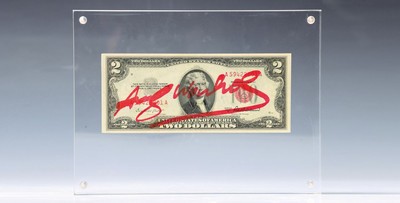 Andy Warhol, 1928-1987, "2 Dollars", dieser mit Magnet befestigt, sign., ca. 6,5x15,5 cm, gerahmt, gesamt ca. 15x20, mit Zertifikat