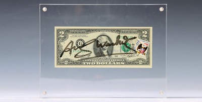 Andy Warhol, 1928-1987, " 2 Dollars", dieser mit Magnet befestigt, sign., ca.6,5x 15,5 cm, gerahmt, gesamt ca. 15x20 cm, mit Zertifikat