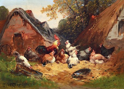 F. Vernat, Maler um 1900, Auf dem Hühnerhof, Öl/Lwd, links unten signiert, ca. 24x33cm, Prunkrahmen mit Namensschild ca. 38x47cm