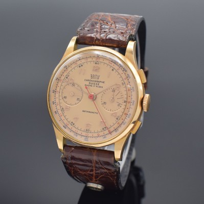 BRITIX / Chronographe Suisse Herrenarmbanduhr mit Chronograph in RG 750/000, Schweiz um 1950, Handaufzug, 3-teil. Geh., Boden & Glasrand aufgedr., ...