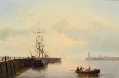Hermanus Koekkoek, 1815 Middelburg-1882 Haarlem, bedeutender niederländischer Marinemaler, Blick in einen Hafen, im Vordergrund Fischer in einem ...