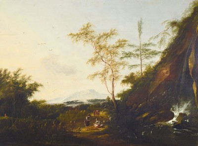 Monogrammist J.S., Niederlande, um 1720, Weite Landschaft mit Begegnung zweier Personen, im Hintergrund ein Mann mit Packpferd, seitlich rechts ein ...