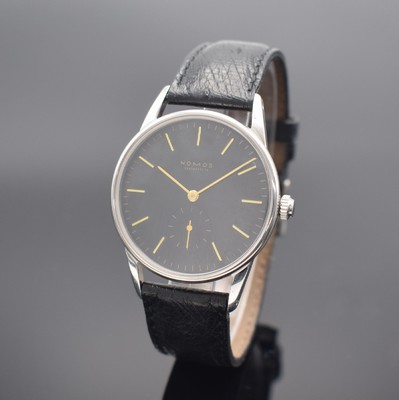 NOMOS Herrenarmbanduhr Orion, Handaufzug, 3 -teil. Edelstahlgeh., Boden & Glasrand aufgedr., schwarzes Zifferbl. m. gold. Indizes, gold. Zeiger, Anz. ...