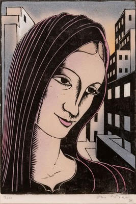 Otto Urbar, erste Hälfte 20. Jh., Linolschnitte, alle handsigniert, u.a. Frau vor Stadtansicht, num. 1/100, 26 x 18.5 cm, Skye-Terrier, ca. 29.5 x ...