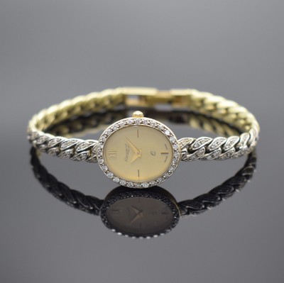 REGENT bauer Damenarmbanduhr in GG 585/000 mit Diamantbesatz, Schweiz um 1980, quarz, Boden aufgedr., Lünette wie Band teilw. m. Diamanten bes., ...