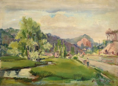 Hanns Fay, 1888 Frankenthal - 1957 Neustadt, Pfälzer Landschaft, wohl Dahner Felsenland, vordergründig Bauer mit Schubkarre, rechts unten signiert ...