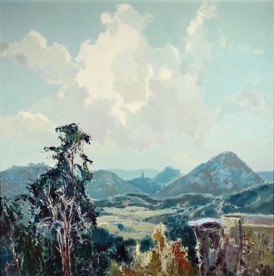 Karl Graf, 1902 - 1986 Speyer, Blick vom Lindelbrunn nach dem Trifels, links unten signiert, Öl/Malkarton, verso bez. und dat. 1981, orig. ...
