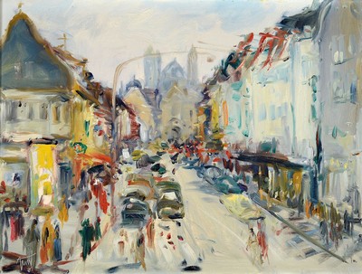 Georg Günther Zeuner, 1923 Dresden - 2011 Speyer, Ansicht der "Hauptstraße in Speyer" so verso bez., Blick auf die Kulisse des Doms, ...