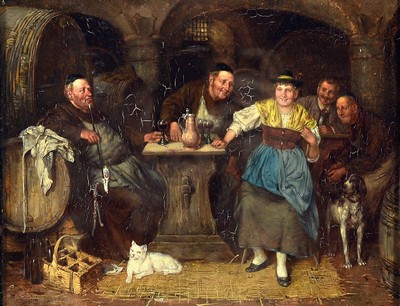 Johann Adalbert Heine, Münchener Maler, um 1850-1900, Fröhliche Gesellschaft im Klosterkeller, Öl/Holz, signiert und bez. München, ca. 20x27cm, ...