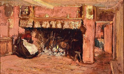James Charles, 1851-1906, Kücheninterieur mit Frau vor dem Feuer, impressionistische Malweise, Öl/Holz, links unten signiert, ca. 15x26cm, ...