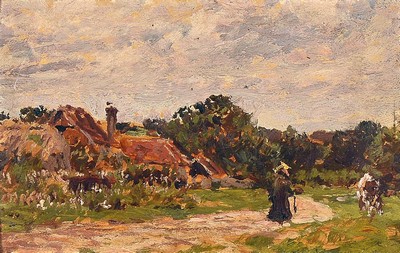 Zuschreibung: James Charles, 1851-1906, Wandersmann vor dem Dorf, Öl/Malkarton, unsigniert, ca. 15x24cm, R. ca. 43x52cm, auf dem Rahmen bez.: J. ...