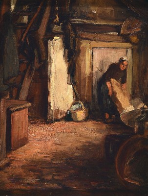 van Kempen o.ä., Malerei um 1900, Interieur, Frau im Stall, Öl/Lwd, rechts unten signiert, ca. 47x38cm, R. ca. 64x54cm