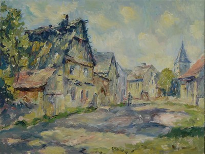 Unbekannter Maler der 1970er/1980er Jahre, elsässische Dorflandschaft mi Personen, öl/Lwd, unsigniert, impressionistische Malweise, ca. 50x65cm, R. ...