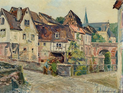 Rudi Müllers, 1895 München-1972 Heidelberg, Studium an den Akademien München und Leipzig, lebte bis 1945 in Mannheim, hier: Am Dorfbach, ...