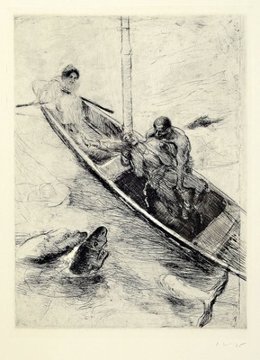 Max Slevogt, 1868 Landshut - 1932 Leinsweiler -Neukastel, Studium an der Akademie München, 2 Grafiken: a. "Im Kahn" aus der Serie ...