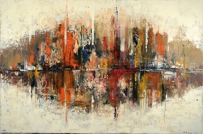 R. Schweitzer, zeitgenössischer Künstler, imWasser spiegelnde Metropole, abstrahiert, rechts unten signiert, Öl/Lwd, 120x80 cm