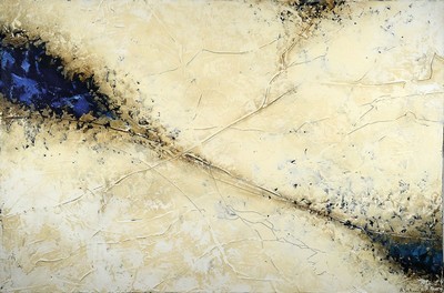 R. Schweitzer, zeitgenössischer Künstler, abstrakte Komposition in weiß und blau, elaborierter Materialcharakter, rechts unten signiert, Öl/Lwd, ...