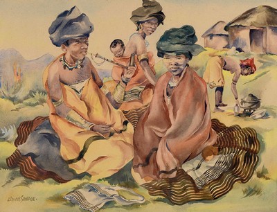 Elaine Savage, 1902, Aquarell, Gruppe von Frauen, wohl des afrikanischen Xhosa-Volkes, in traditioneller Kleidung, links unten signiert, Papier l. ...