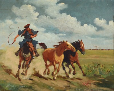 Janos Viski, 1891 Sokolya - 1965 Budapest, Studium an der Akademie Budapest, Pferdehirte in der ungarischen Puszta-Steppe, traditionelles Motiv, ...