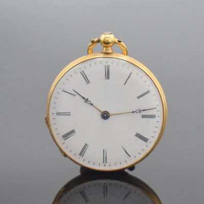 Offene Zylindertaschenuhr in GG 750/000, Schweiz um 1860, Schlüsselaufzug, z. T. emaill. & sym. guill. Boden dell., vers. Scharniere, Münzrand ...