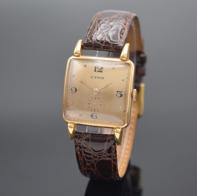 CYMA Armbanduhr in RoseG 585/000, Handaufzug, Schweiz um 1950, 2-teil. Geh., Boden aufgedr., bet. Bandanst., lachsfarb. Zifferbl., Anz. v. Std., Min. ...