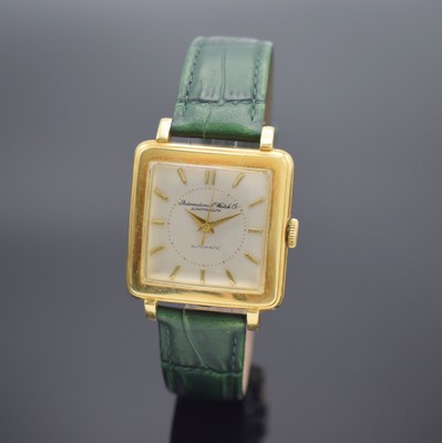 IWC quadratische Herrenarmbanduhr in GG 750/000, Schweiz um 1953, Automatik, Boden aufgedr., silb. Zifferbl. rest., gold. Std. Ind. & Zeiger, Kal. ...