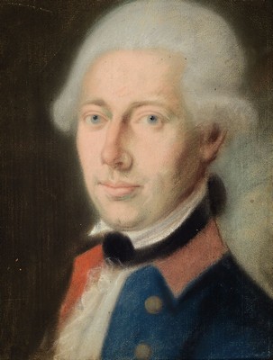 Unbekannter Künstler, deutsch, um 1820/30, Dreiviertelporträt eines Edelmannes in blau -rotem Rock, wohl Bildnis des Franz Friedrich Freitag von ...