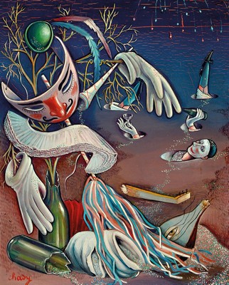 Helene Chady, frz. Malerin des 20. Jh., Surrealistische Komposition mit Pierrots, Öl/Hartfaser, links unten signiert, ca. 41x33cm, R. ca. 46x38cm