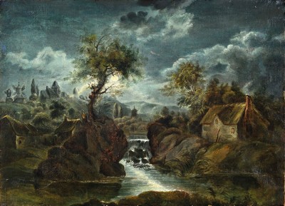 Unbekannter Künstler, Niederlande, Mitte 19. Jh., Vollmondlandschaft mit Bachlauf, Bauernhaus und Ortschaft im Hintergrund, Öl/Lwd, Altersspuren, ...