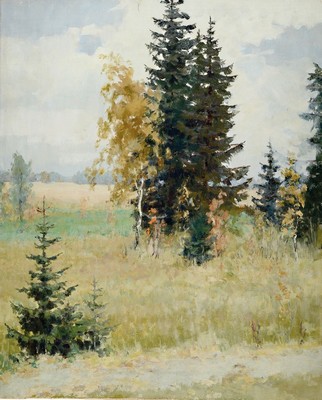 Sergei Shomin, geb. 1913, Landschaft mit Baumgruppe, Öl/Lwd, rückseitig signiert, betitelt und dat. 1953, ca. 80x65cm