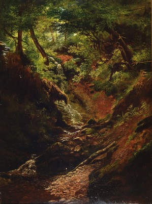 John Russell, britischer Maler, um 1900, 2 Pendants: Waldansichten mit Bachlauf, Beobachtung der feinen Abstufungen in den Grüntönen der ...