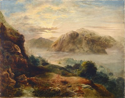 John Thorpe, erw. zwischen 1834-1873, Hügelige Landschaft mit See, wohl Schottland, Öl/Lwd, lasierende Malerei mit gekonnter Lichtführung und ...