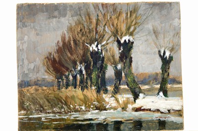Wilhelm Nagel, 1866 Mannheim-1945 Baden-Baden, Verschneite Landschaft mit Kopfweiden, Öl/Malkarton, rechts unten signiert, ca. 41x52cm