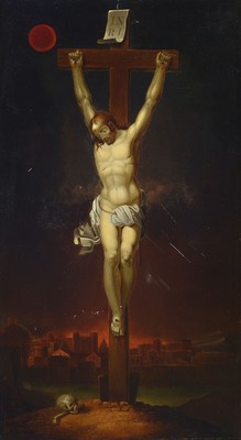 Unbekannter Künstler um 1900, Christus am Kreuz, Dreinageltypus, atmosphärisch -symbolistische Darstellung der Kreuzigung, hintergründig die ...