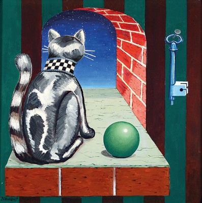 Benno Walldorf, 1928 Gießen-1985 Bad Homburg, Surrealistische Komposition mit Katze, Kugel und Schlüssel, Öl/Lwd, links unten signiert, ca. ...