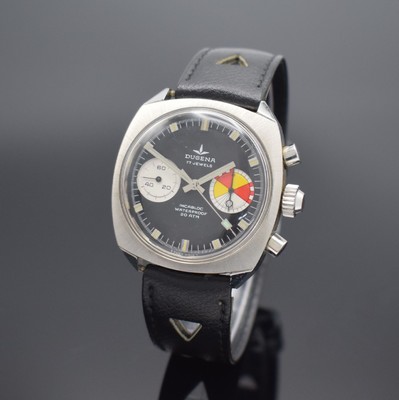 DUGENA nahezu neuwertige Herrenarmbanduhr mit Chronograph, Schweiz um 1968, Handaufzug, Stahlgeh., Boden verschr., orig. Lederband, schwarzes ...
