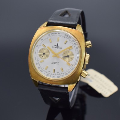 DUGENA Herrenarmbanduhr mit Chronograph, Schweiz um 1968, Handaufzug, verg. Gehäuse, Stahlboden geschr., silb. Zifferbl. mit aufges. gold. ...