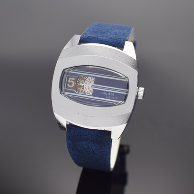 DIGITAL Automatic Herrenarmbanduhr mit digitaler Anzeige, Schweiz um 1970, Automatik, verchr. Geh., Stahlboden aufgedr., blaues Zifferbl., digitale ...